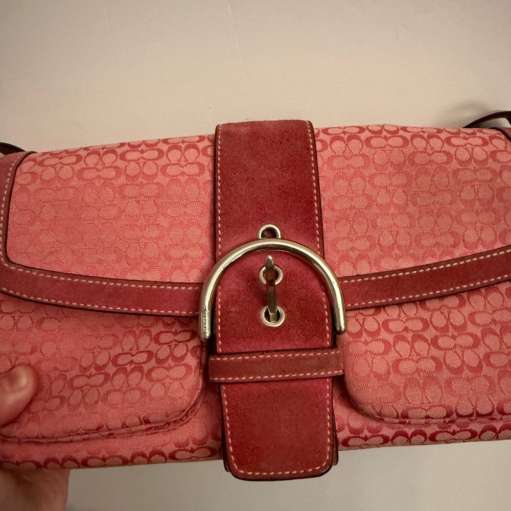 COACH Signature Shoulder Handbag Pink Logo - Picture 8 of 13